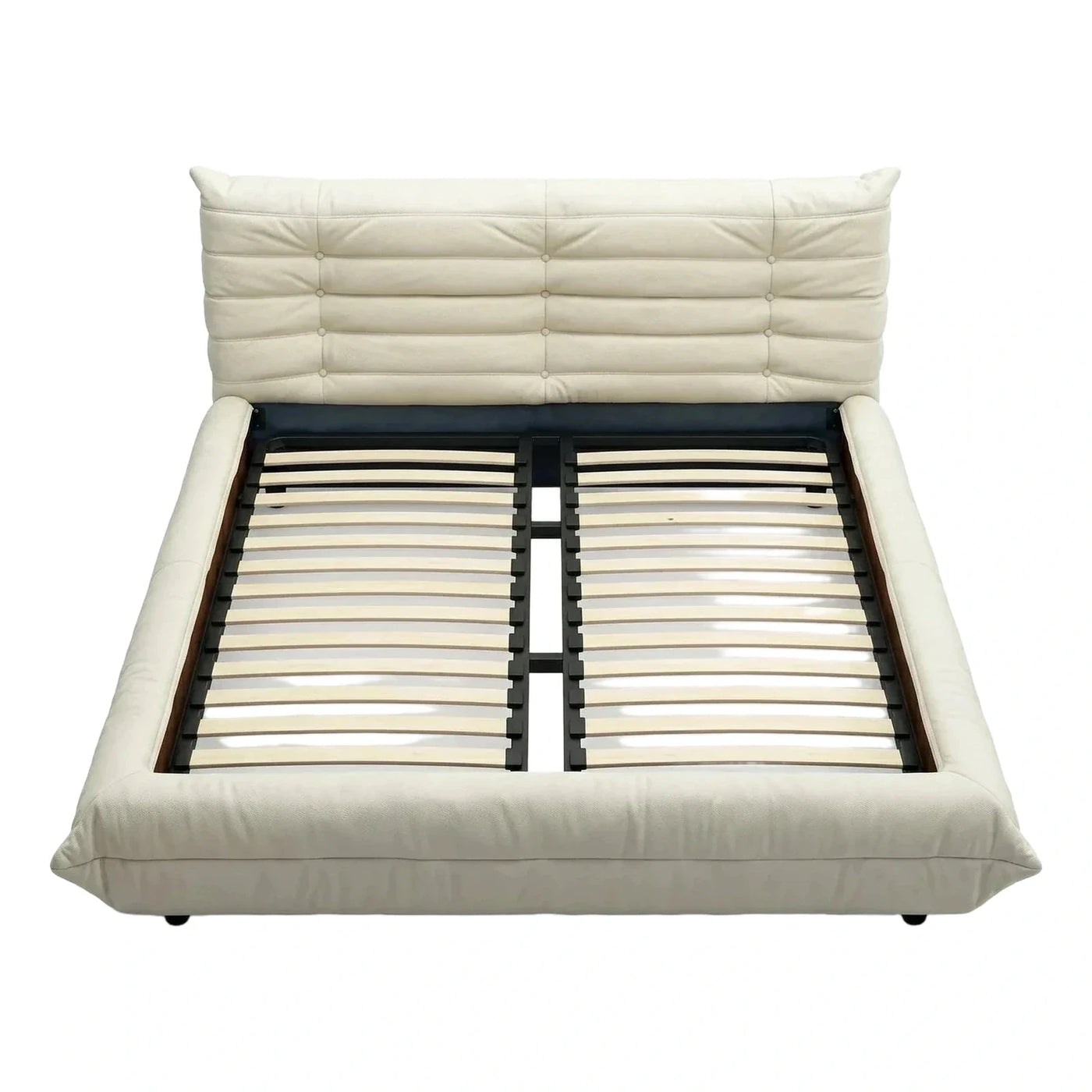 Cream Leather Upholstered Platform Bed with Tufted Headboard