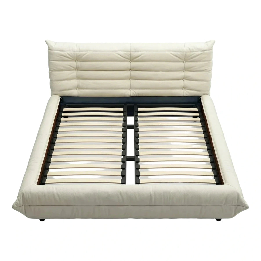 Cream Leather Upholstered Platform Bed with Tufted Headboard