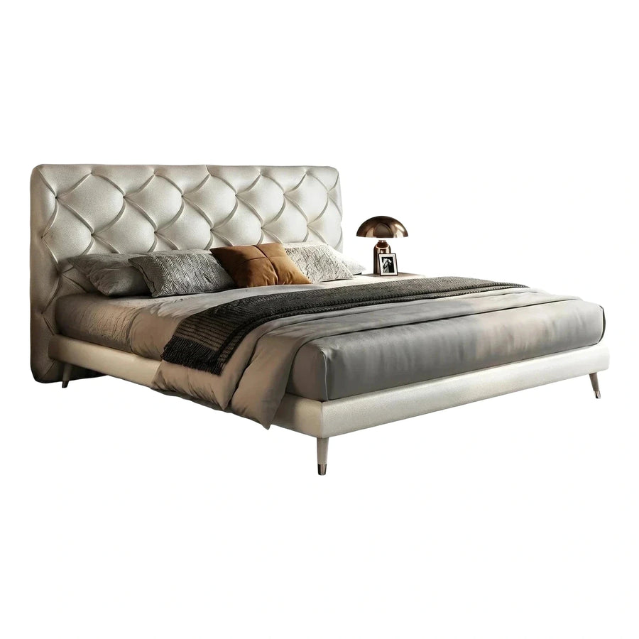 Cream Leather Tufted Platform Bed with Metal Legs