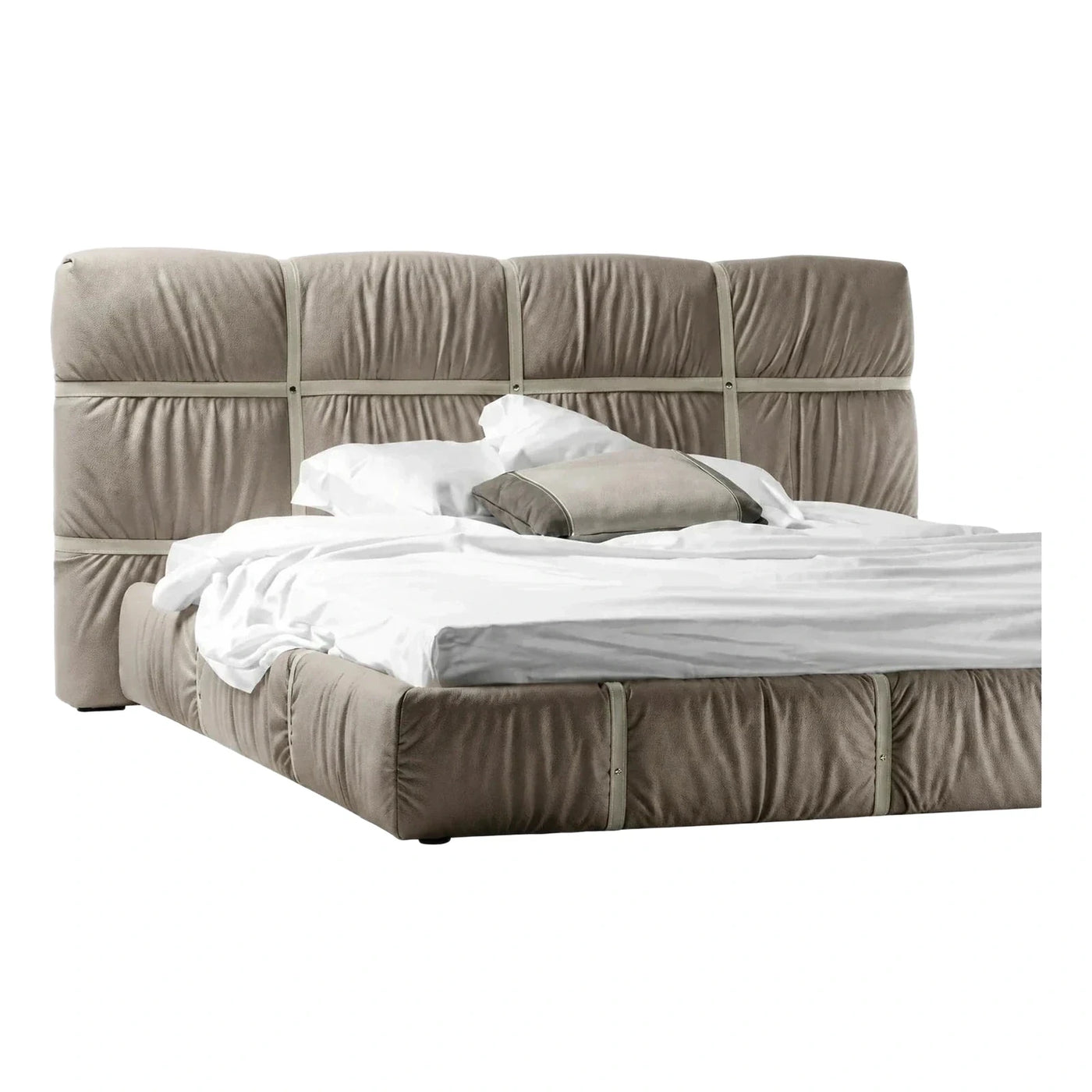 Modern Taupe Leather Platform Bed with Strapped Details