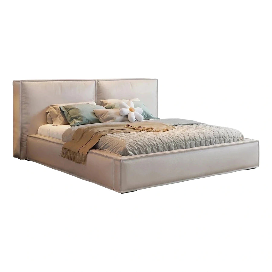 Modern Cream Upholstered Platform Bed with Tall Headboard