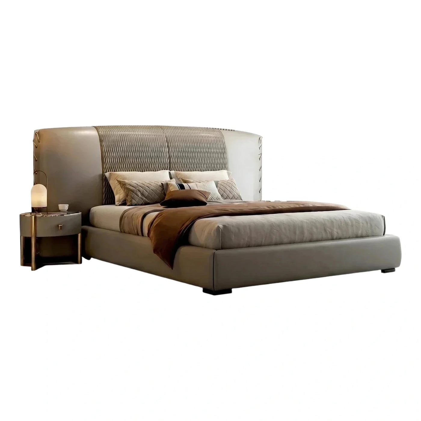 Modern Grey Upholstered Platform Bed with Textured Headboard