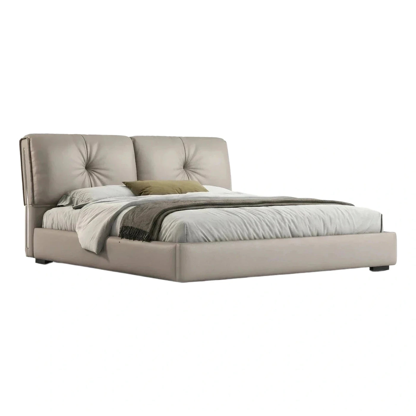 Modern Beige Leather Platform Bed with Tufted Headboard
