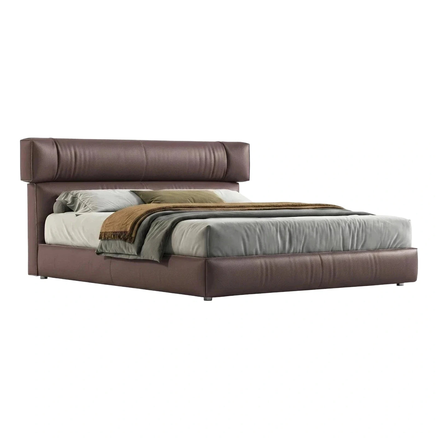 Modern Brown Leather Platform Bed with Wide Headboard