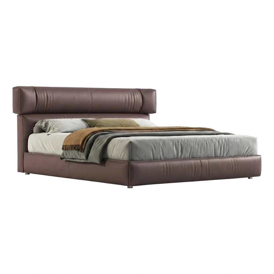 Modern Brown Leather Platform Bed with Wide Headboard