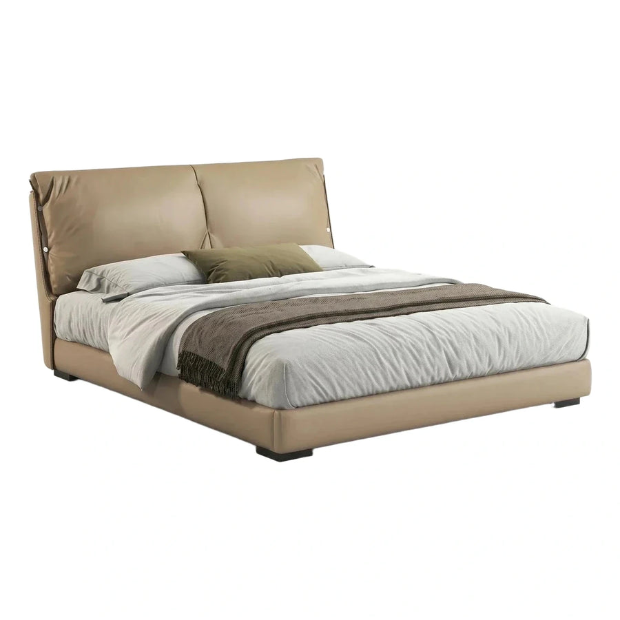 Modern Beige Leather Platform Bed with Padded Headboard