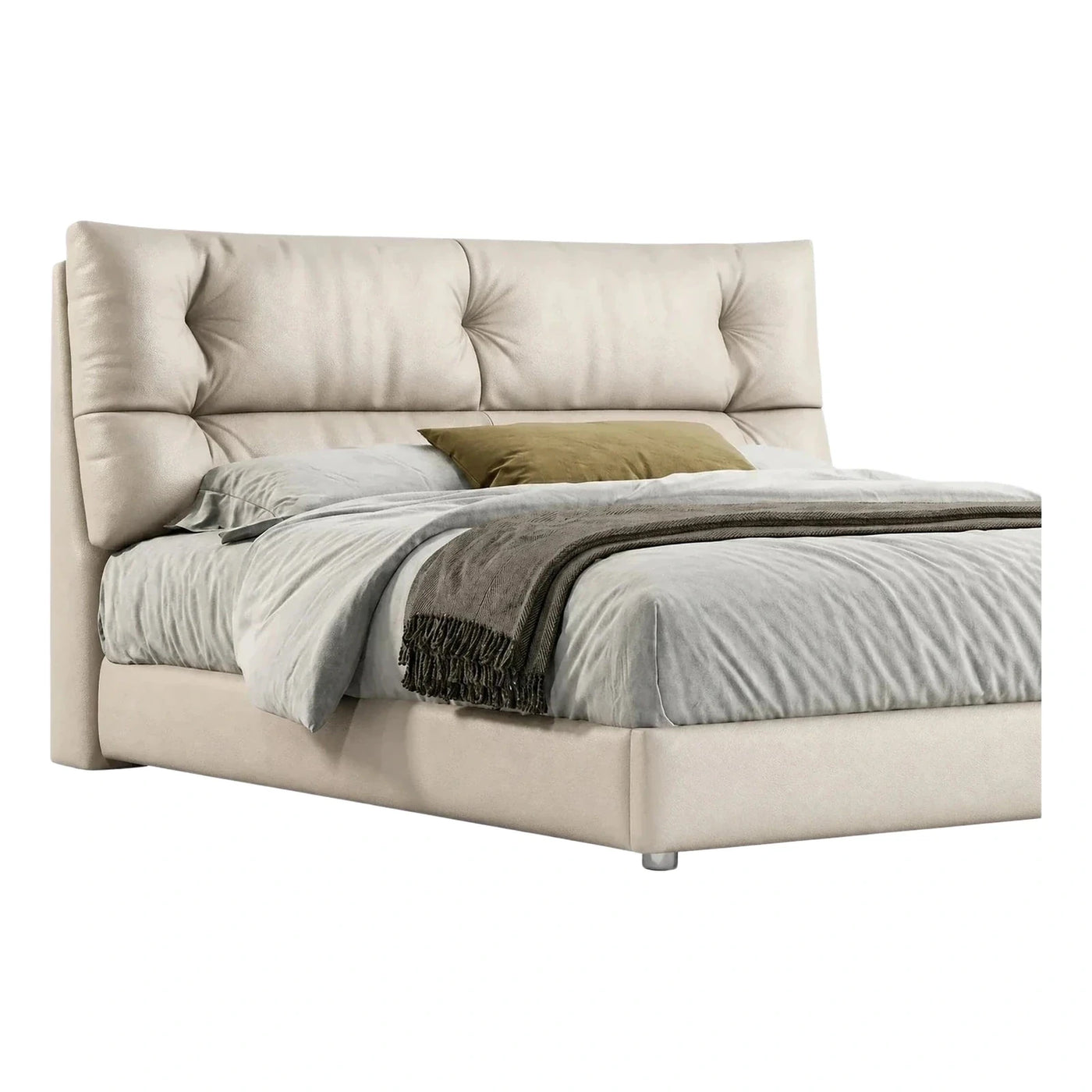 Cream Leather Upholstered Platform Bed With Tufted Headboard