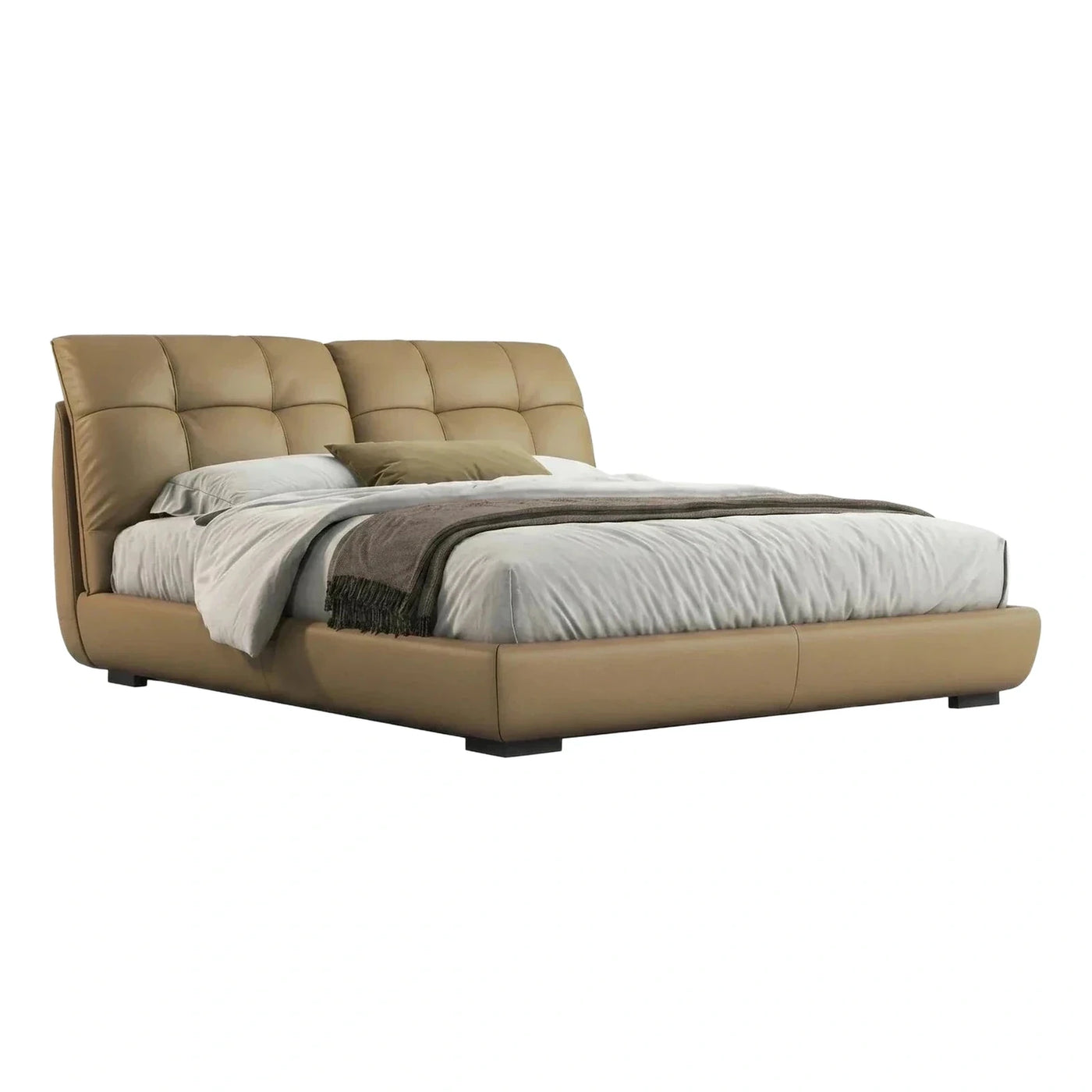 Modern Beige Tufted Leather Upholstered Platform Bed