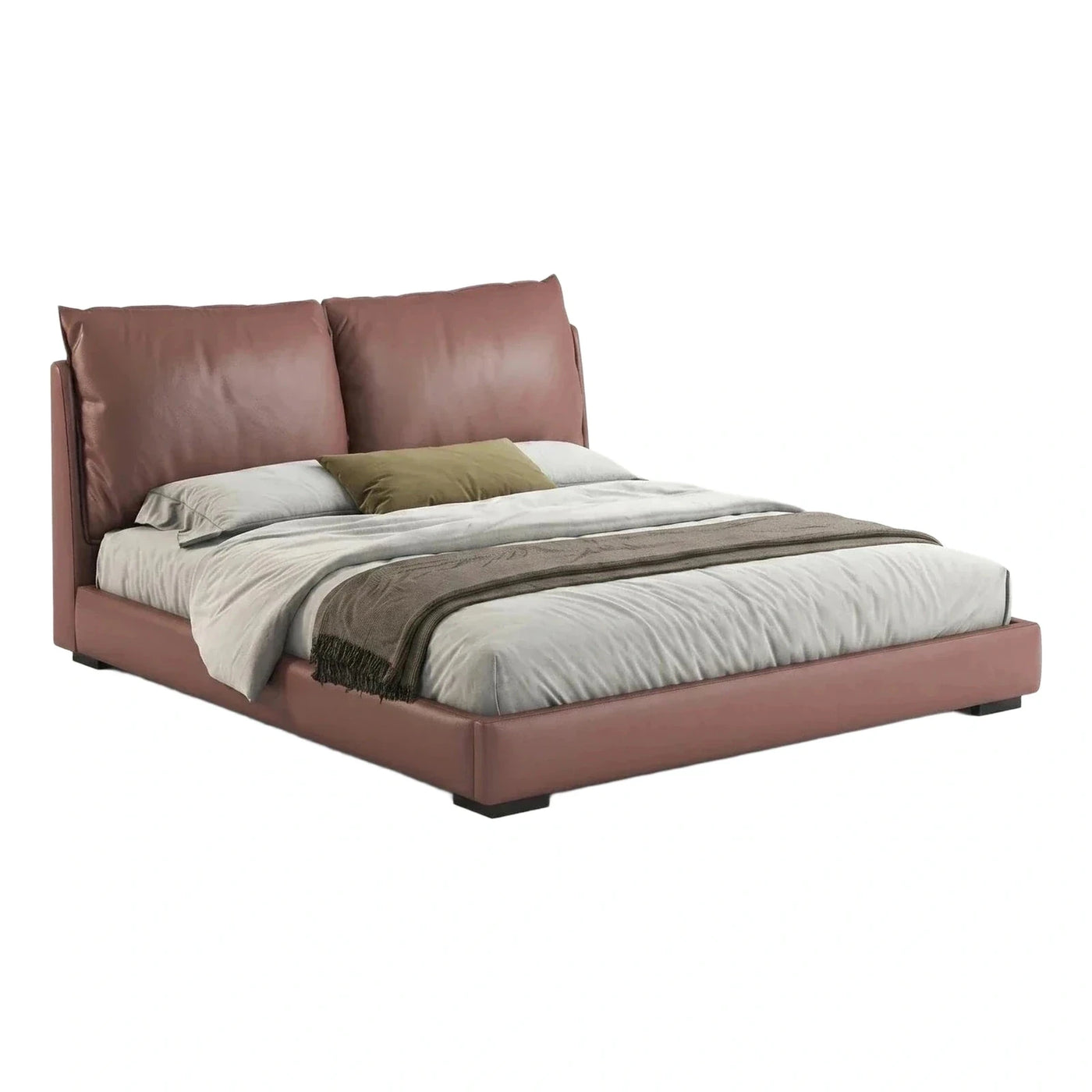 Contemporary Brown Leather Platform Bed with Cushioned Headboard