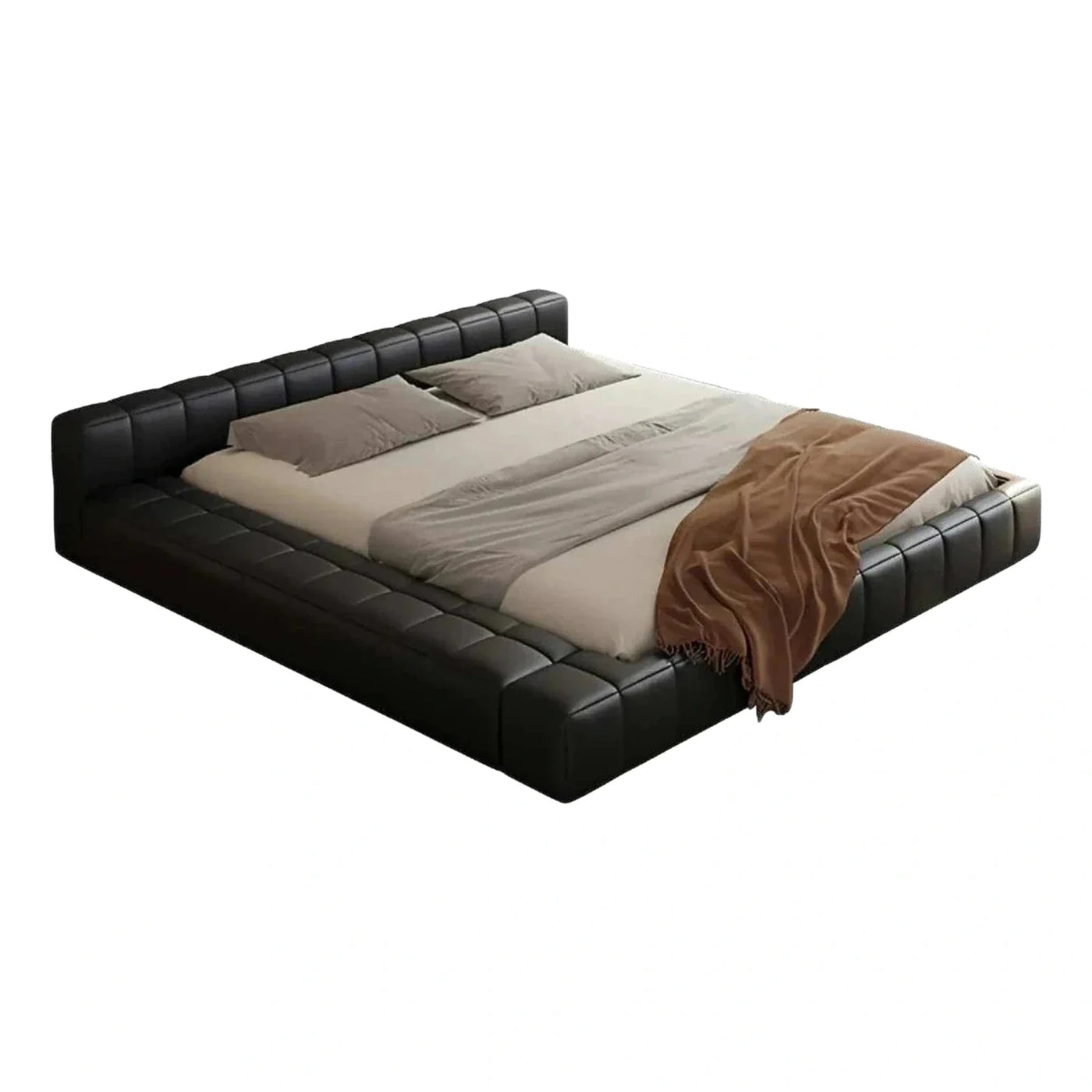 Modern Black Leather Platform Bed with Tufted Frame
