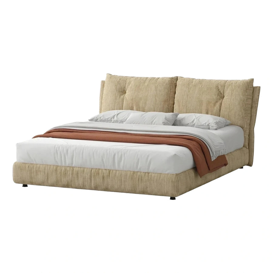 Beige Ribbed Upholstered Platform Bed with Tall Headboard