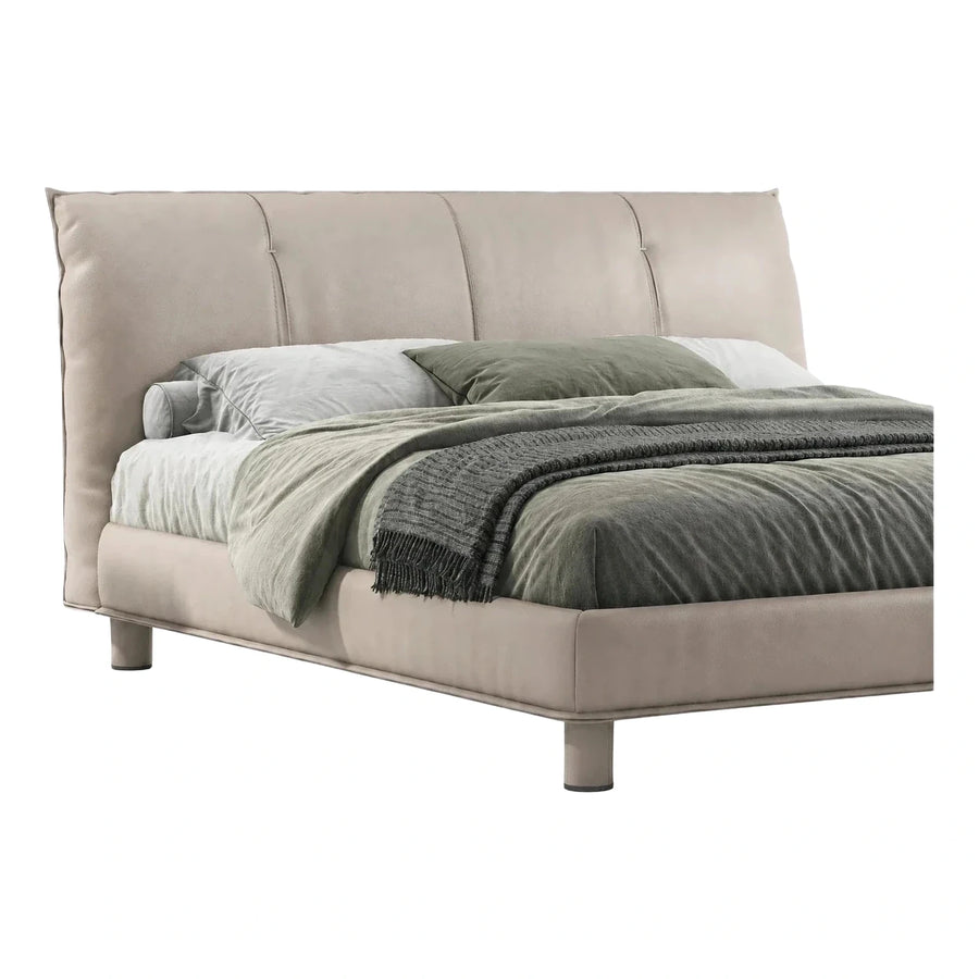 Modern Beige Leather Platform Bed with Tall Headboard