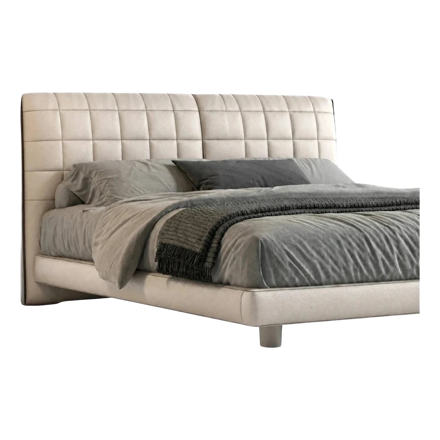 Modern Cream Leather Platform Bed with Tufted Headboard