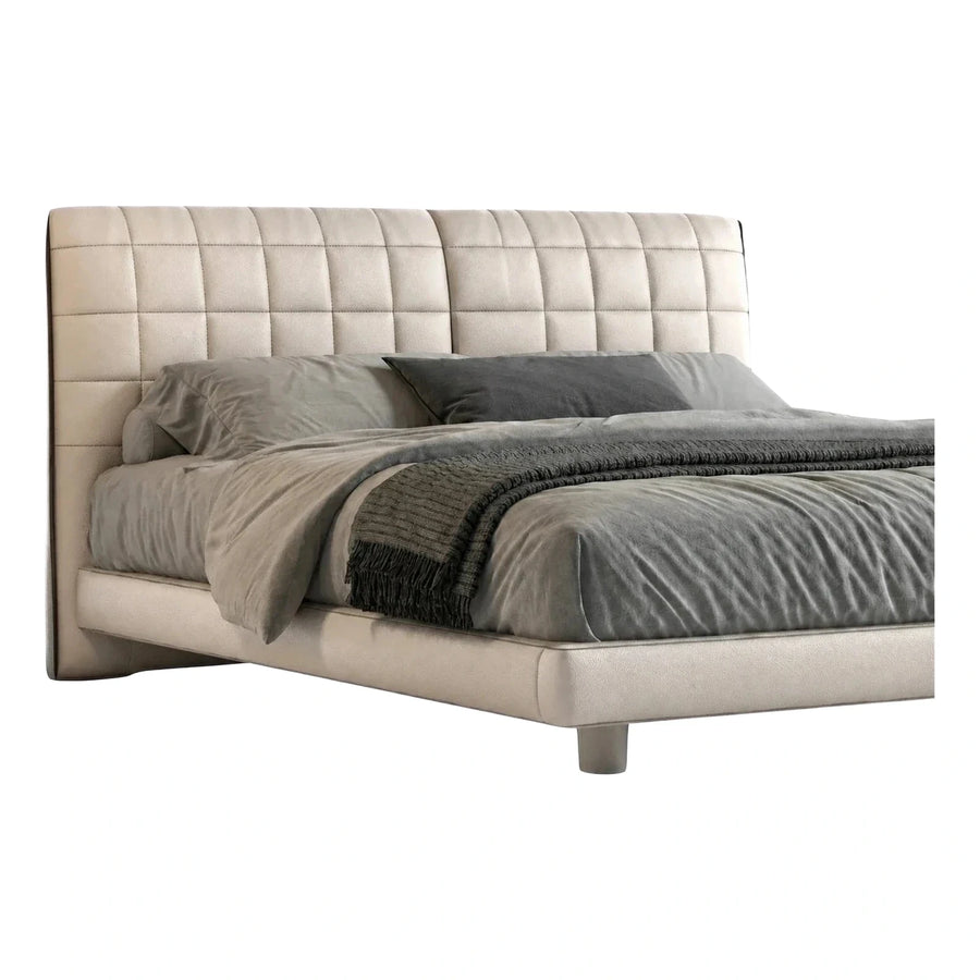 Modern Cream Leather Platform Bed with Tufted Headboard