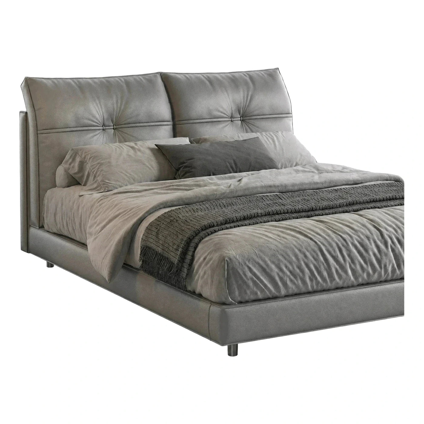 Grey Leather Upholstered Platform Bed with Split Tufted Headboard