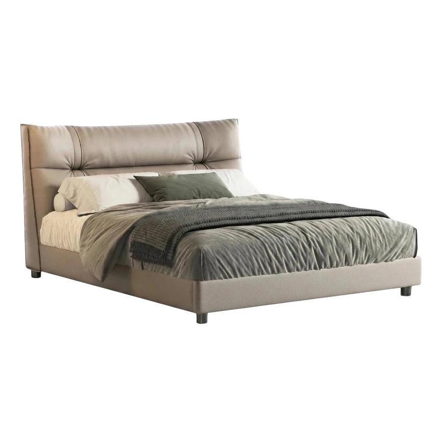 Modern Beige Leather Platform Bed with Tufted Headboard