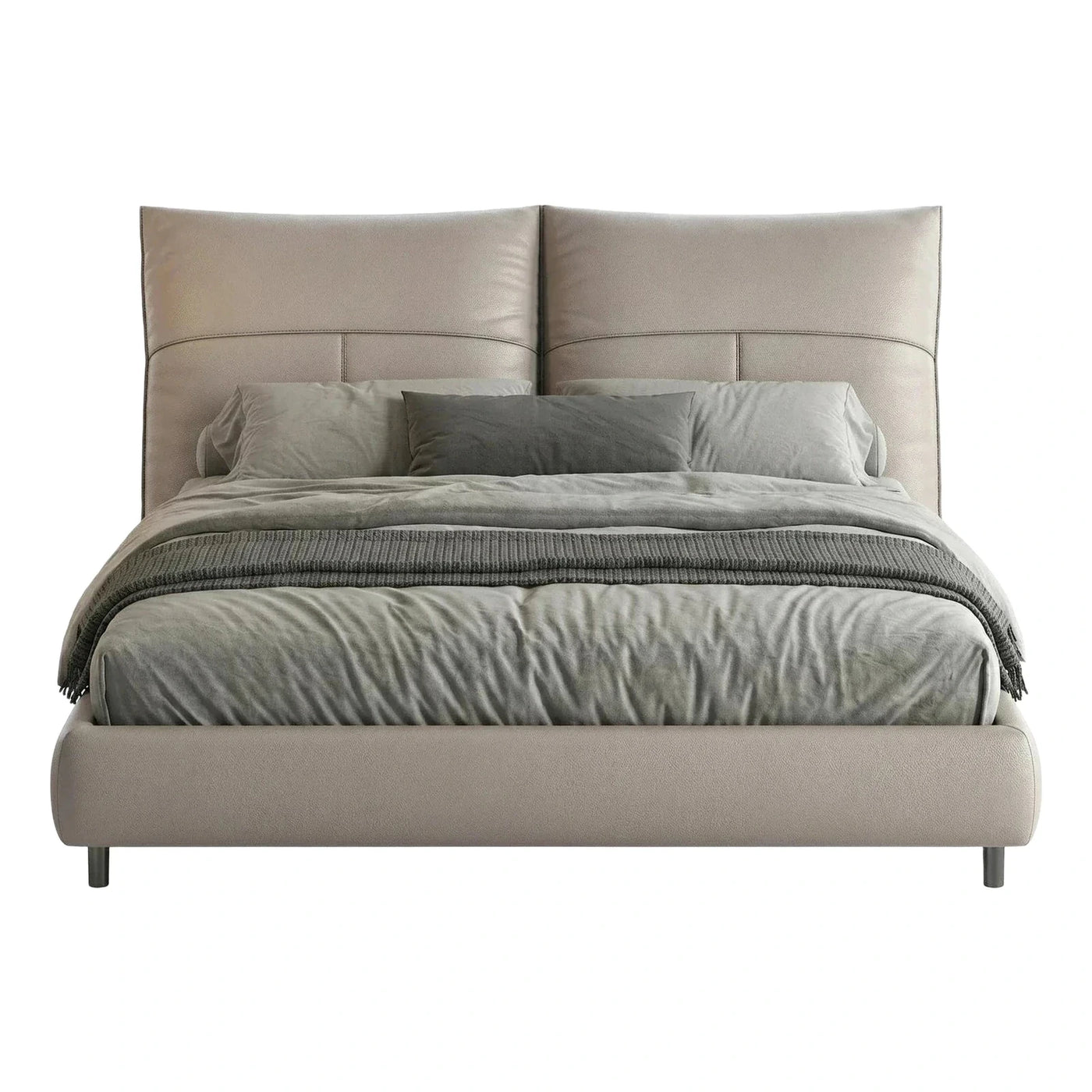 Modern Beige Leather Upholstered Platform Bed With Split Headboard
