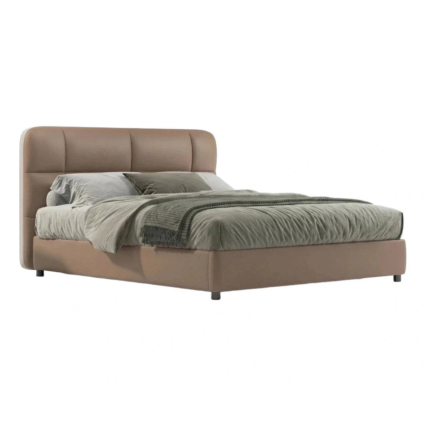 Modern Beige Leather Platform Bed with Paneled Headboard