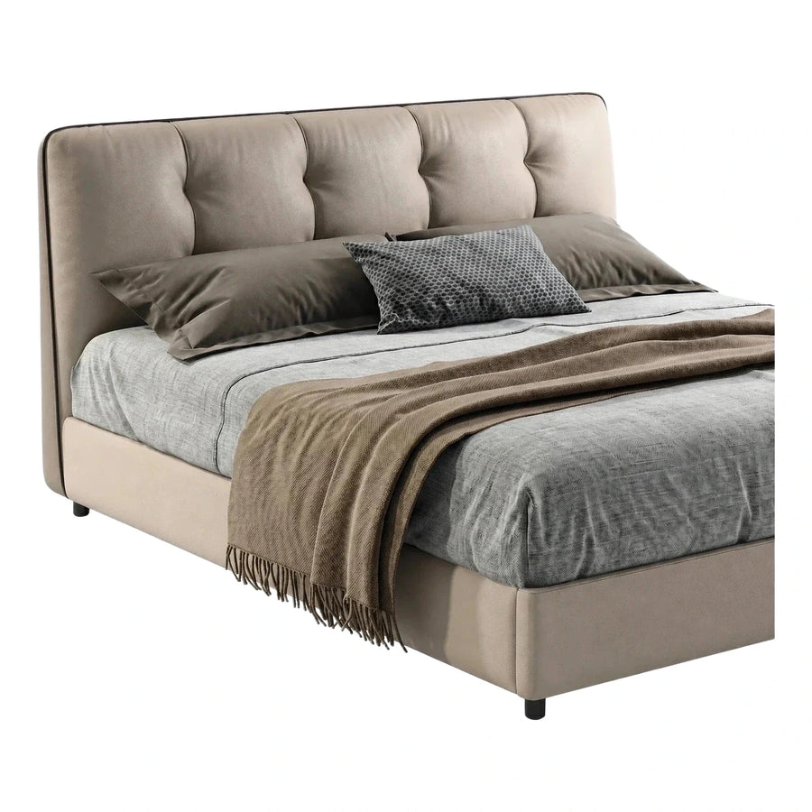 Modern Beige Upholstered Platform Bed with Tufted Headboard