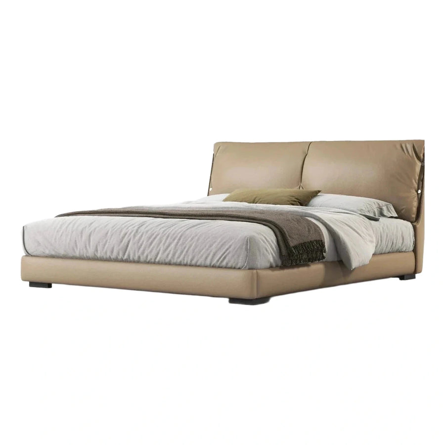 Modern Beige Leather Platform Bed with Split Headboard