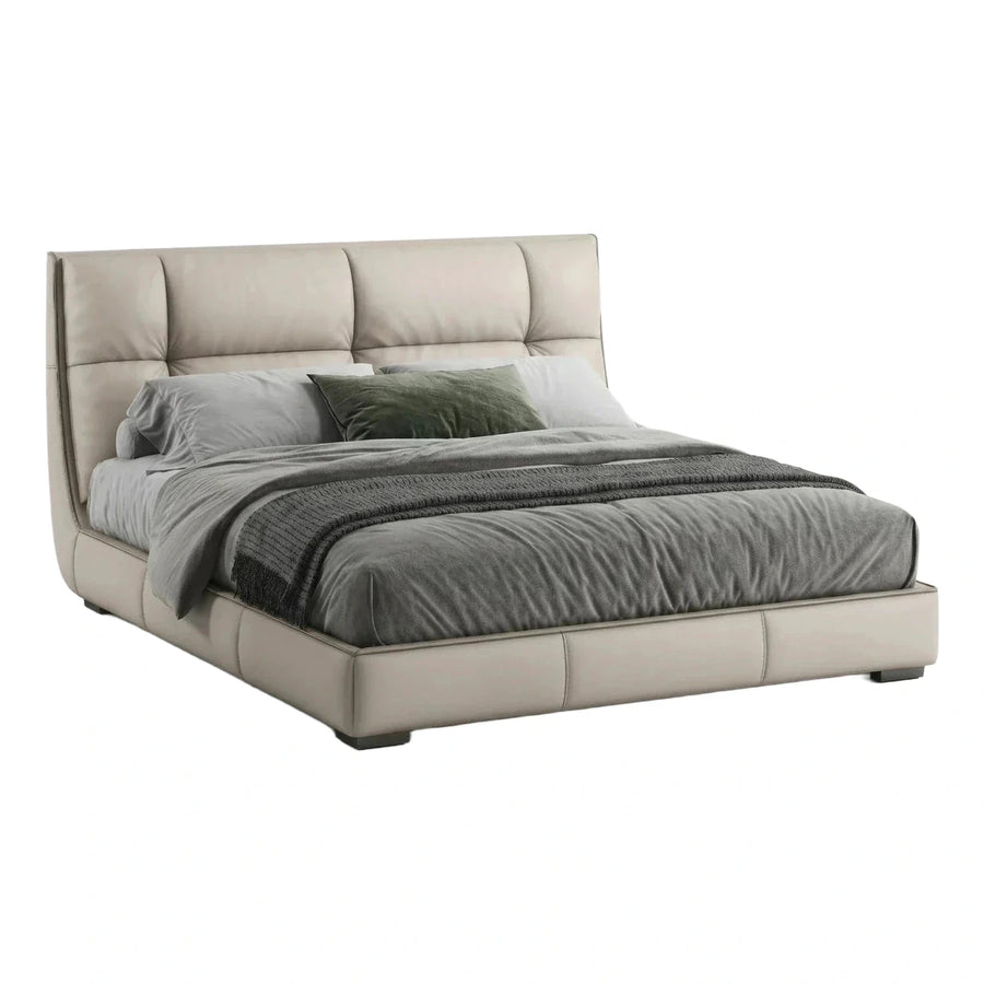 Modern Beige Upholstered Platform Bed with Paneled Headboard