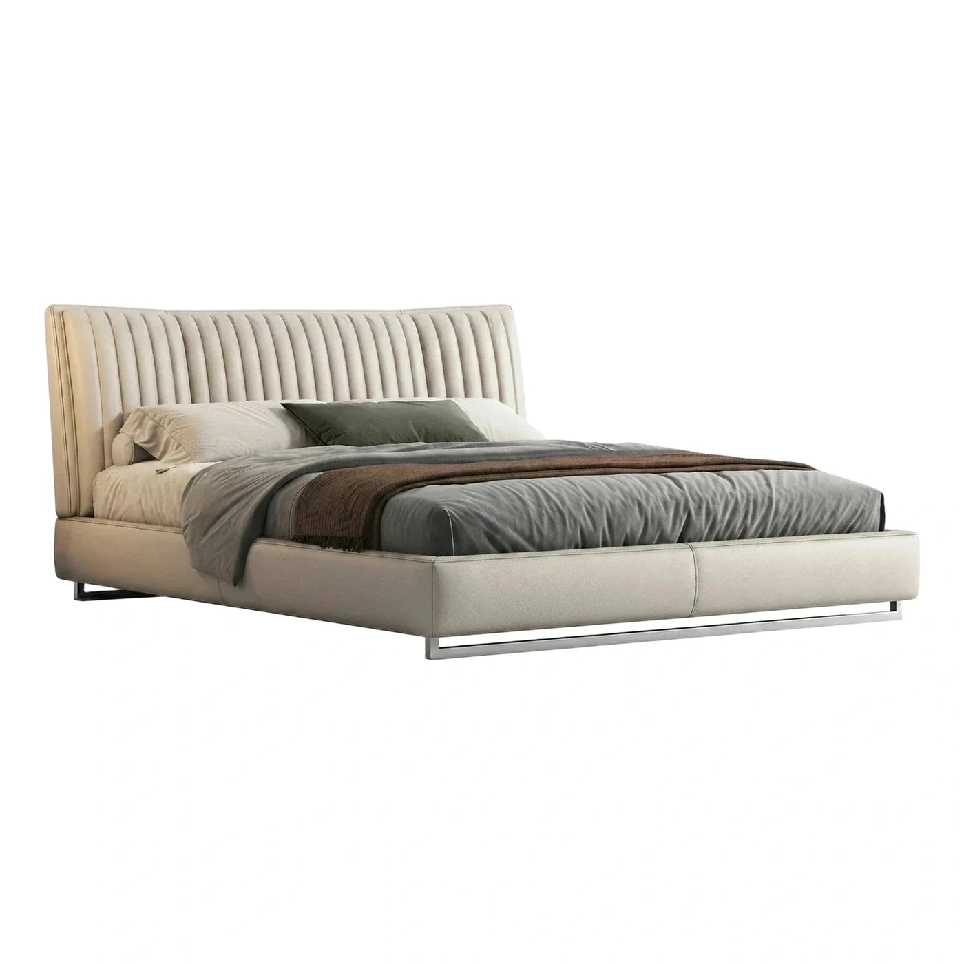 Cream Leather Platform Bed with Vertical Channel Headboard