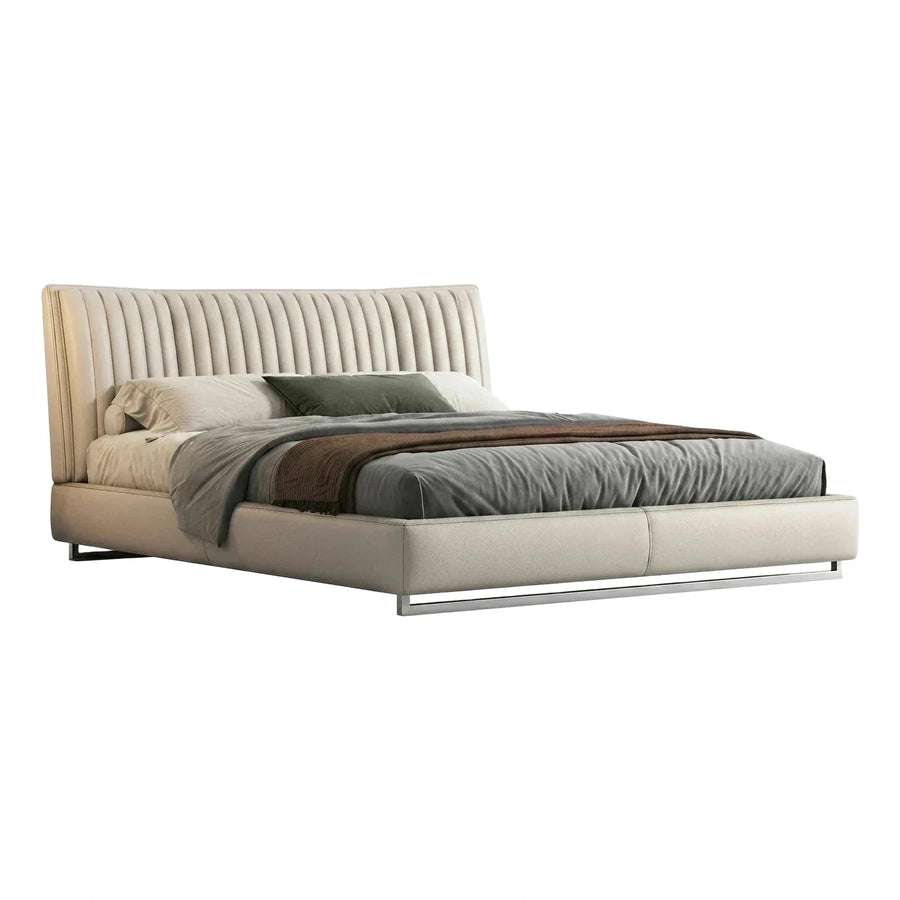 Cream Leather Platform Bed with Vertical Channel Headboard
