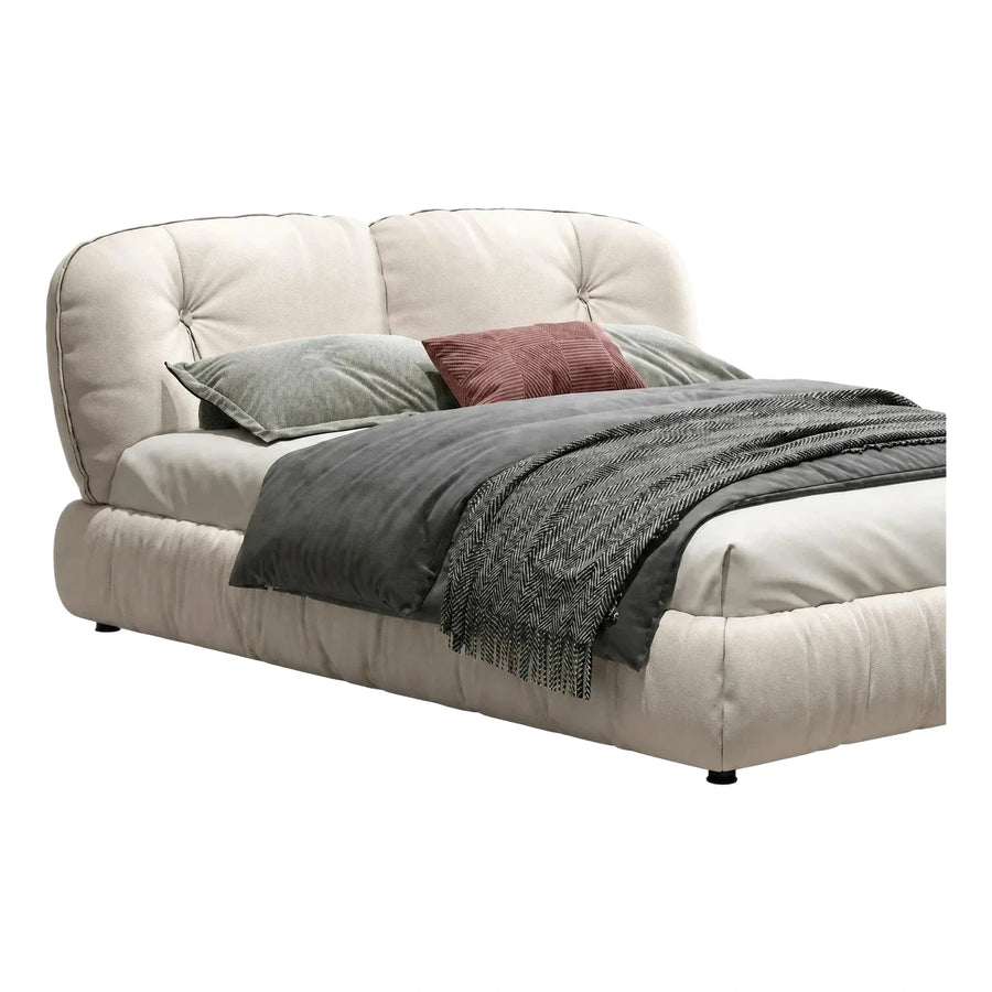 Cream Leather Upholstered Bed with Curved Tufted Headboard