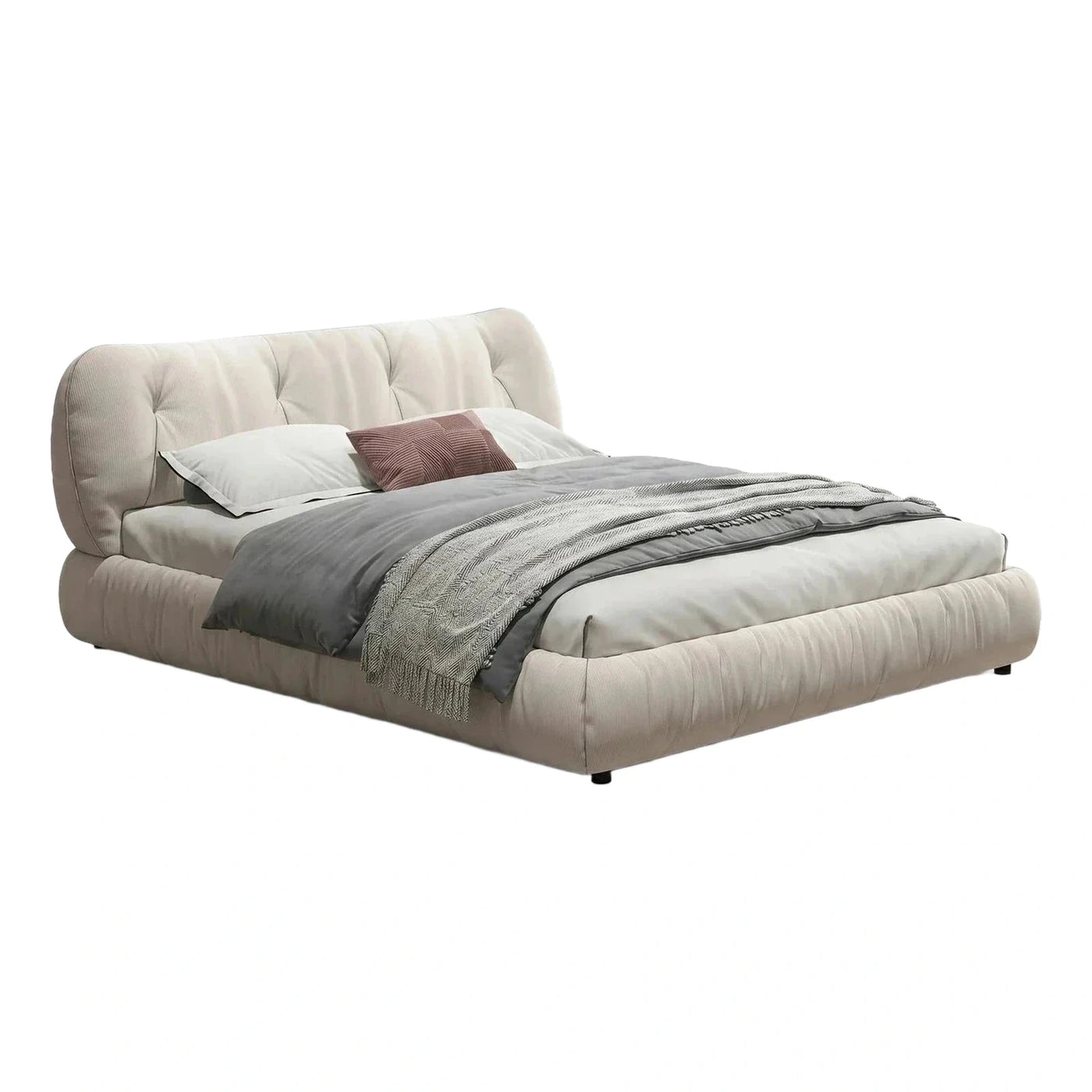 Cream Upholstered Platform Bed with Curved Headboard