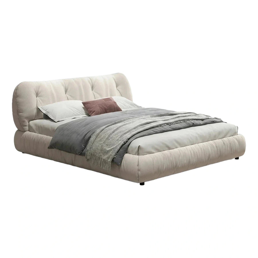 Cream Upholstered Platform Bed with Curved Headboard