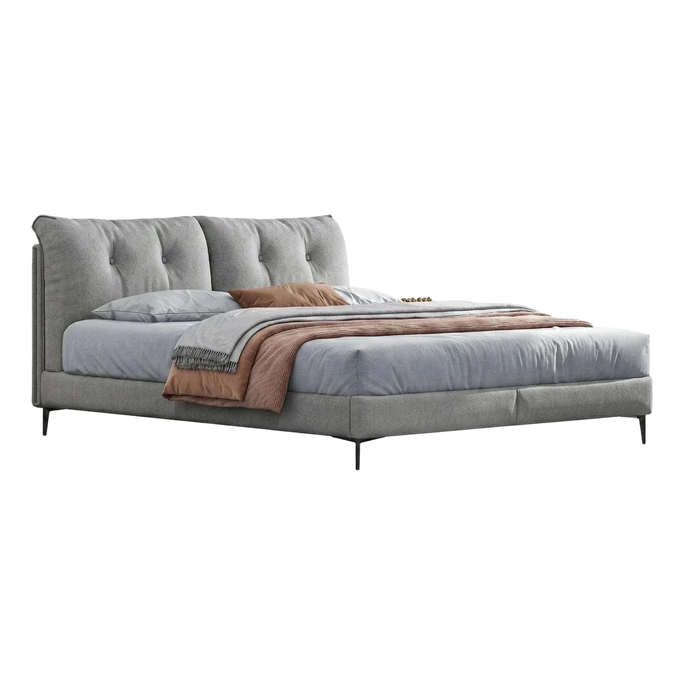 Modern Grey Upholstered Platform Bed with Tufted Headboard