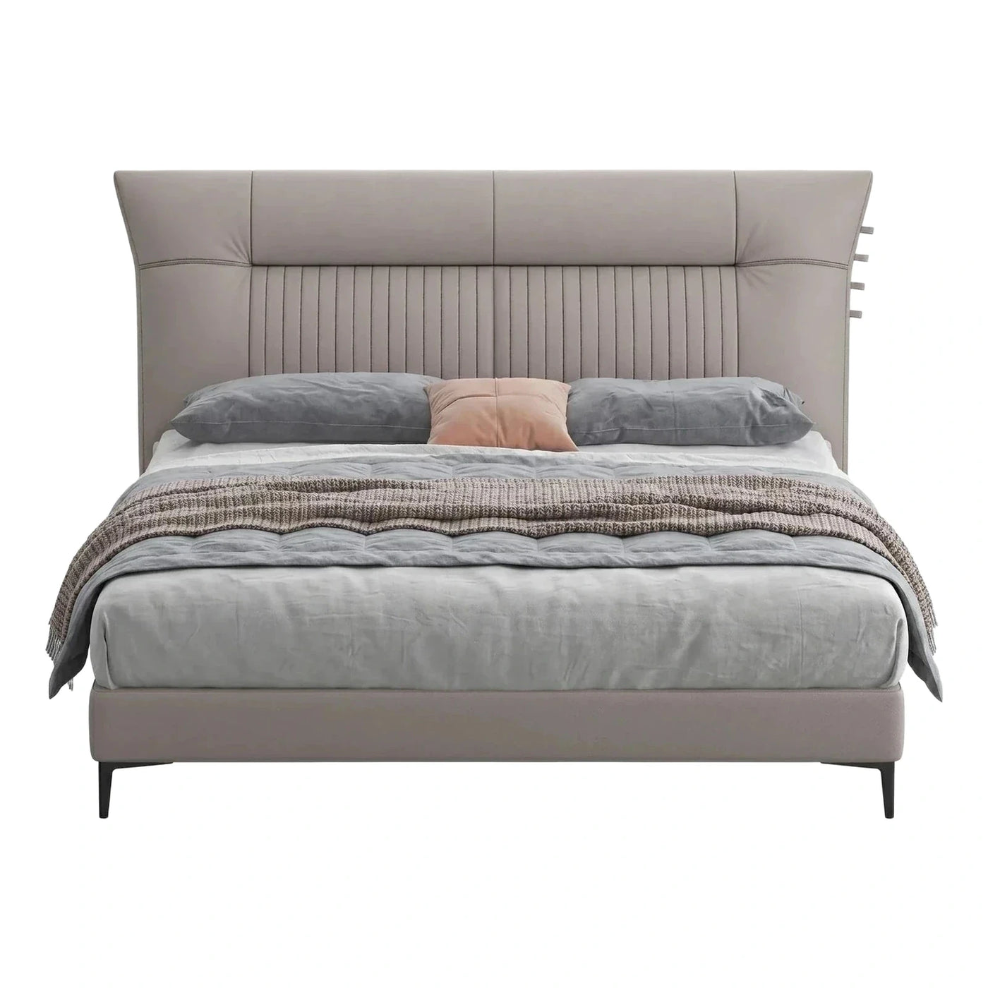 Modern Grey Upholstered Platform Bed with Wingback Headboard