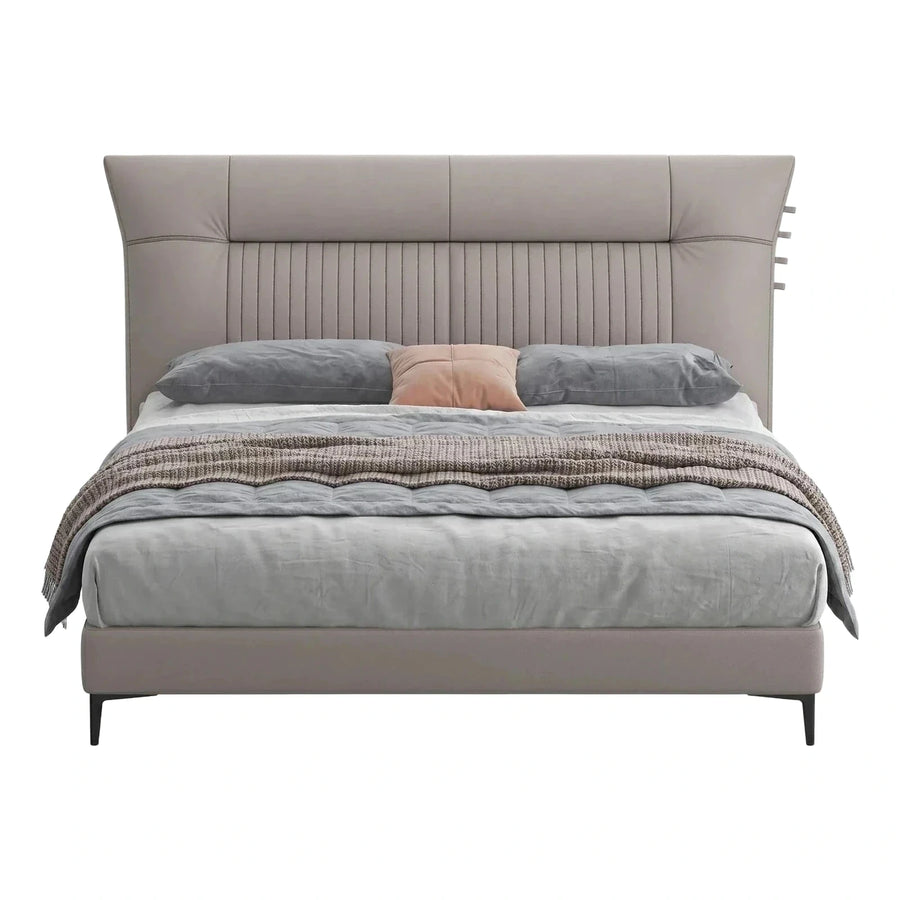 Modern Grey Upholstered Platform Bed with Wingback Headboard