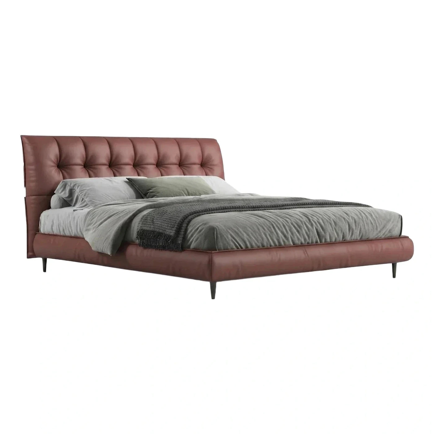 Modern Cognac Leather Platform Bed with Tufted Headboard