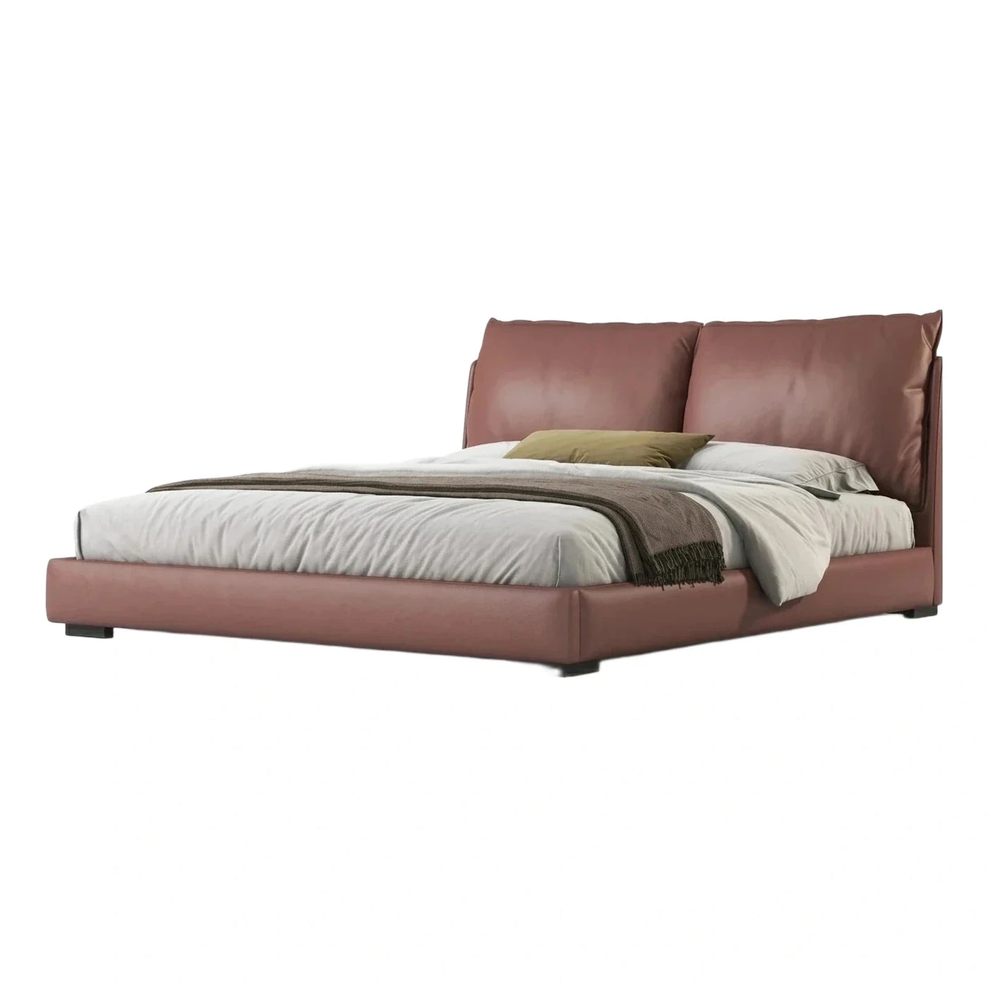 Modern Terracotta Leather Platform Bed With Padded Headboard