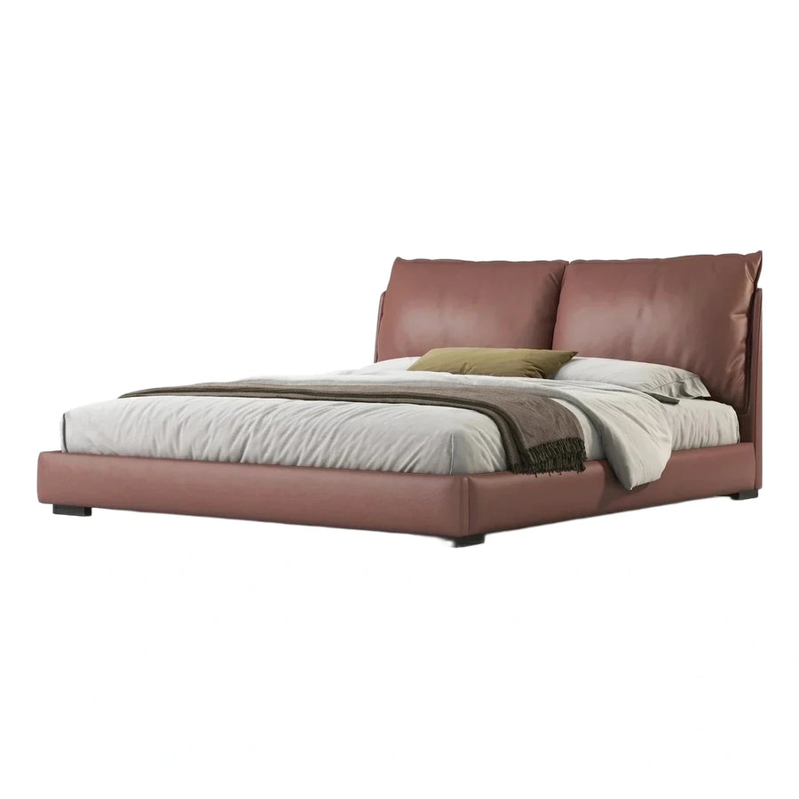 Modern Terracotta Leather Platform Bed With Padded Headboard