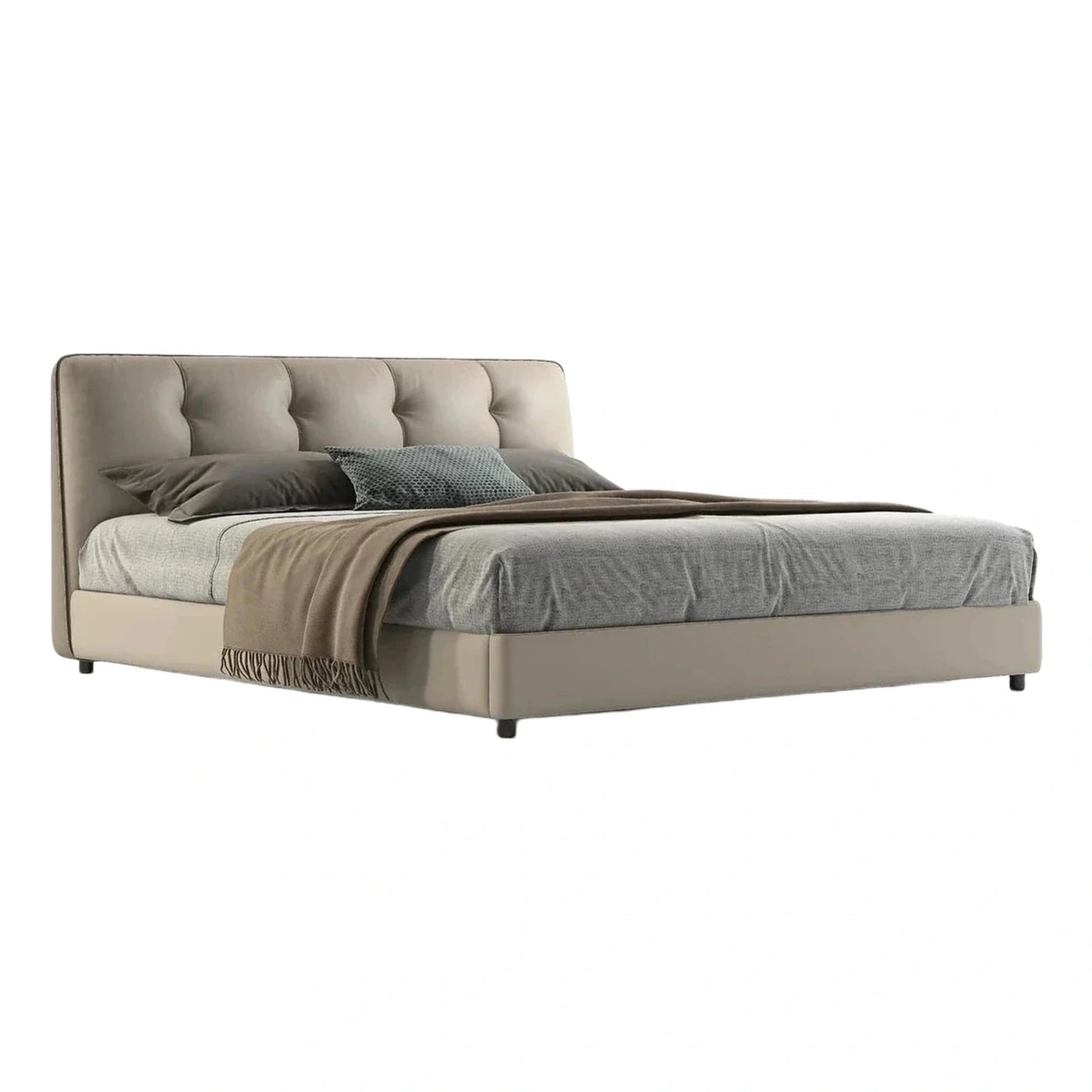 Modern Beige Upholstered Platform Bed with Tufted Headboard
