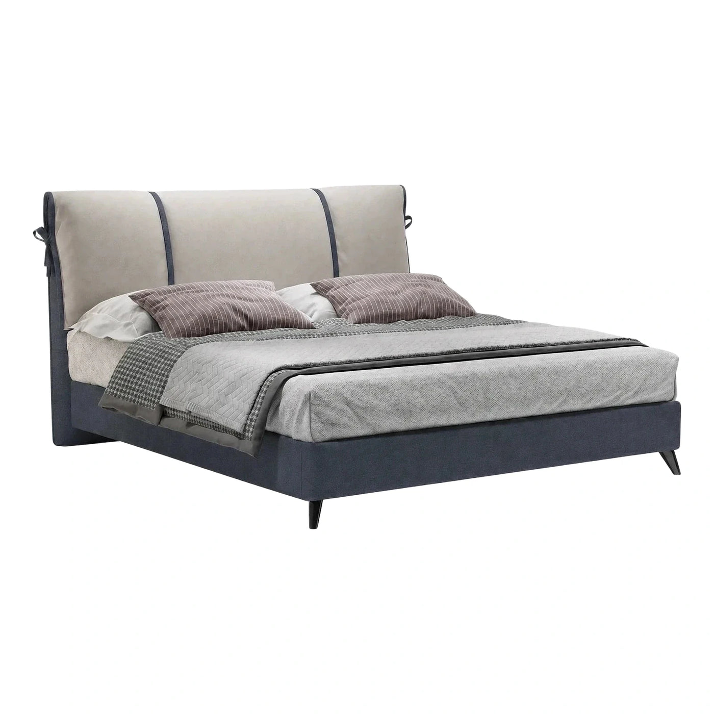 Modern Two-Tone Upholstered Platform Bed with Piped Headboard