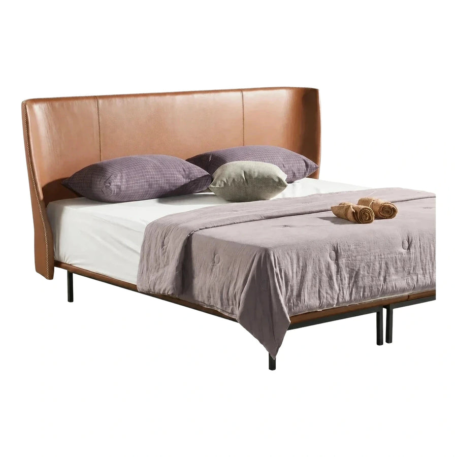 Modern Tan Leather Upholstered Platform Bed Frame
