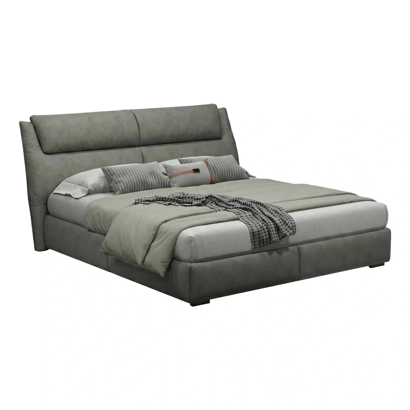 Modern Grey Upholstered Platform Bed with Wingback Headboard