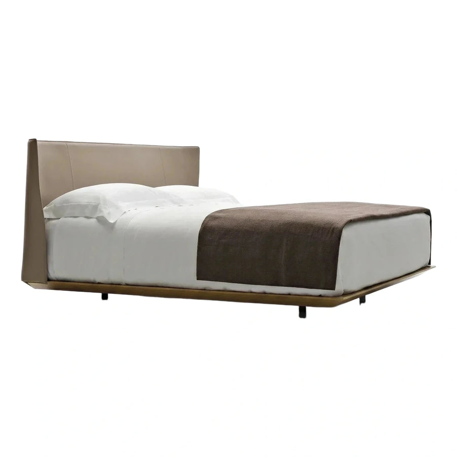 Modern Beige Upholstered Platform Bed with Wood Base
