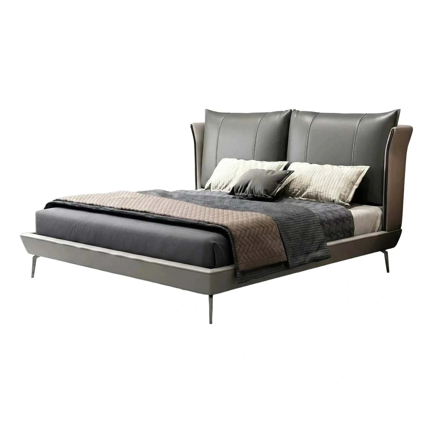 Modern Grey Leather Upholstered Platform Bed with Winged Headboard