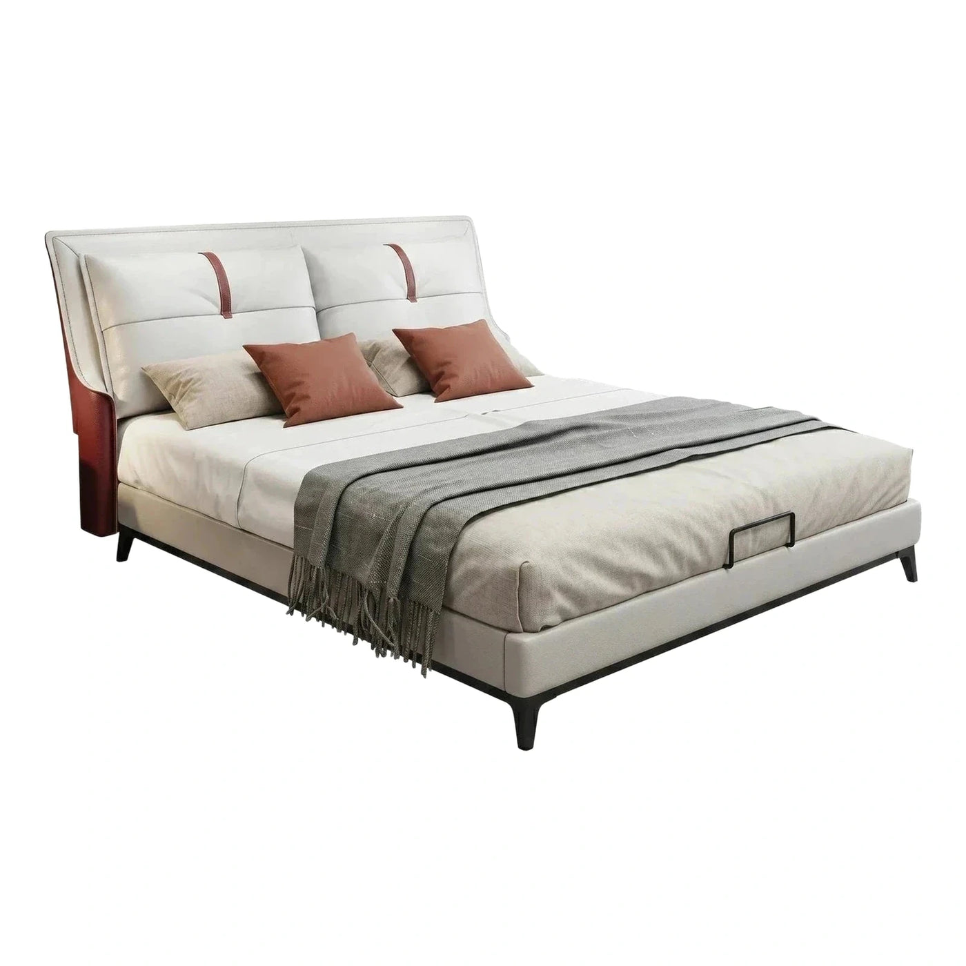 Modern Cream Leather Bed with Brown Accents