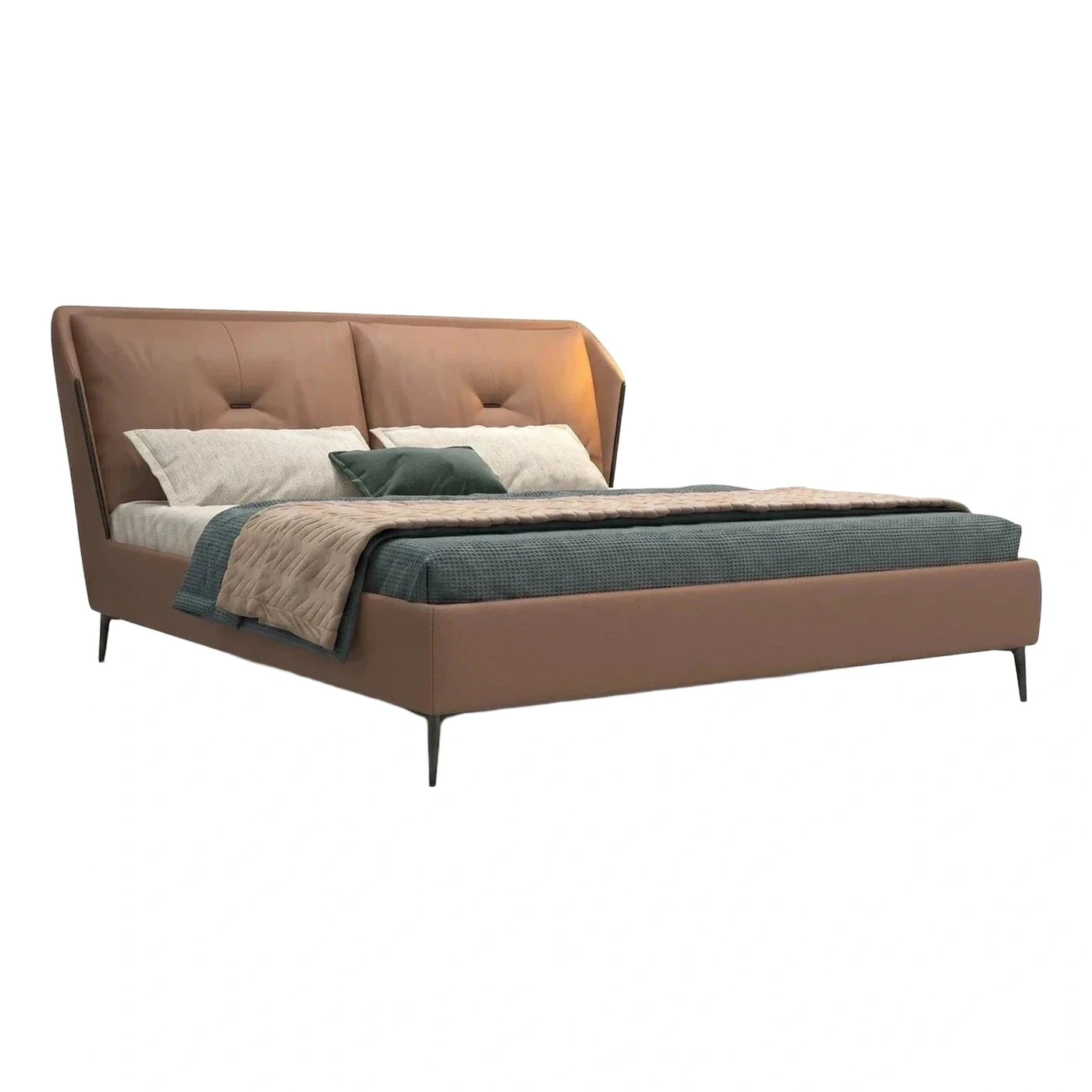 Modern Cognac Leather Upholstered Platform Bed with Tufted Headboard