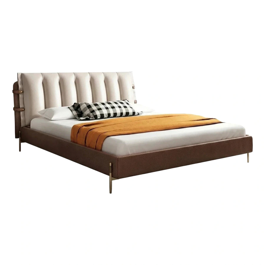 Modern Two-Tone Leather Bed with Tufted Headboard