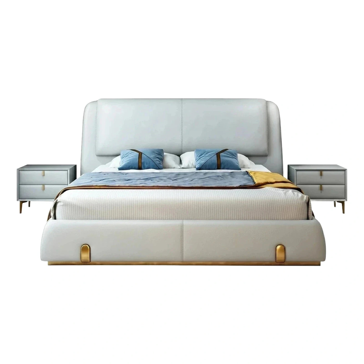 Modern Grey Upholstered Bed with Gold Accents