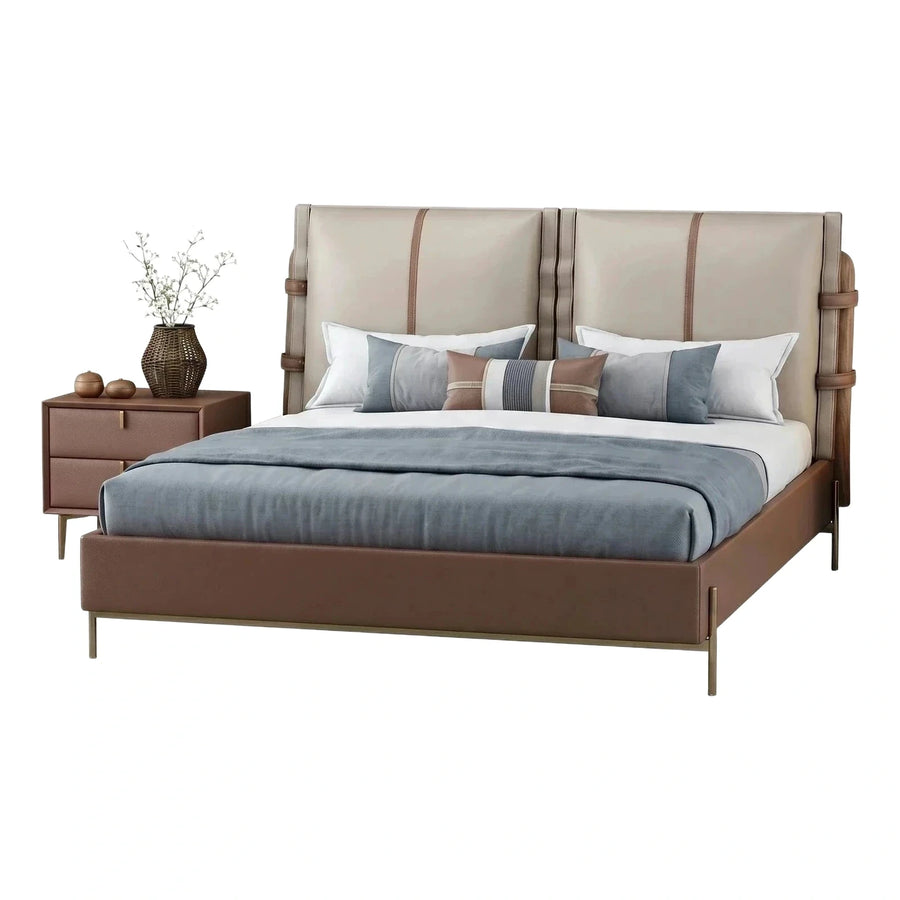 Modern Two-Tone Leather Bed with Wingback Headboard