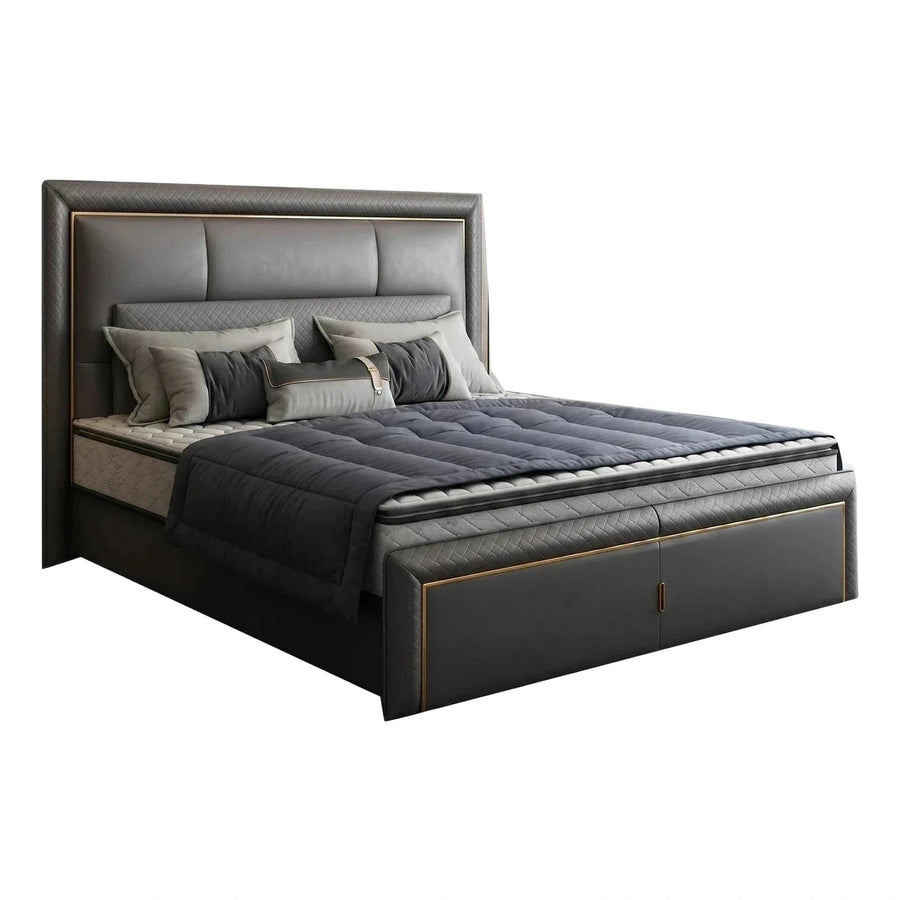 Modern Grey Leather Platform Bed with Gold Trim