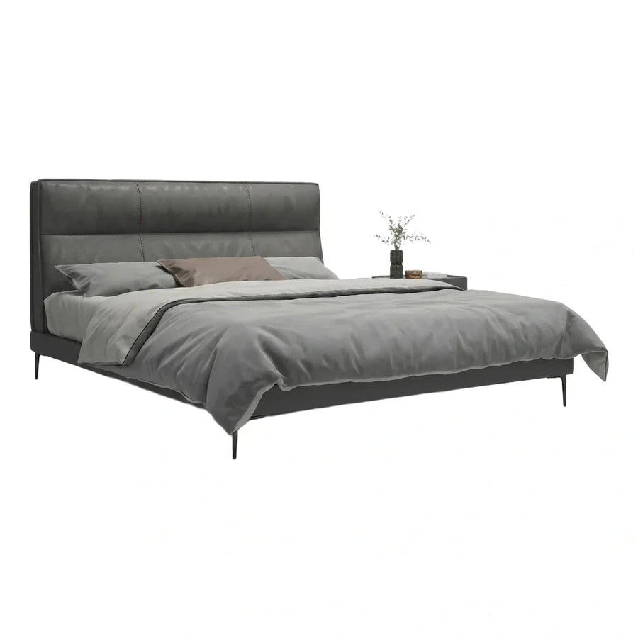Modern Dark Grey Leather Platform Bed with Metal Legs