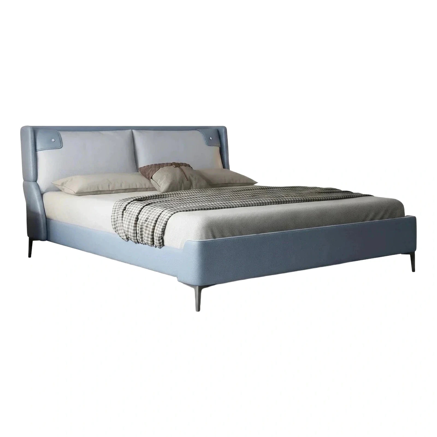 Modern Blue Upholstered Platform Bed with Leather Headboard